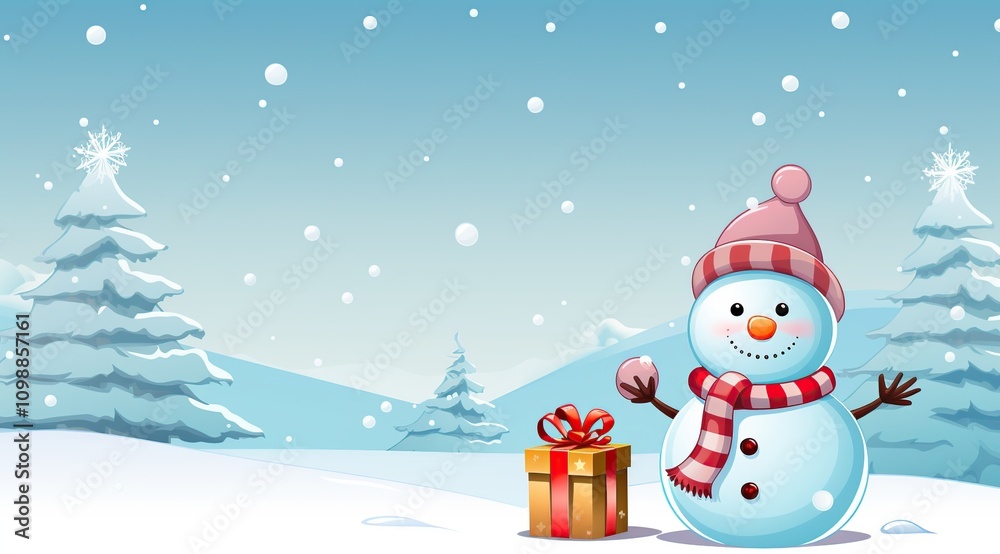 Fototapeta premium Snowman with christmas gift in winter landscape wallpaper. Cartoon illustration.