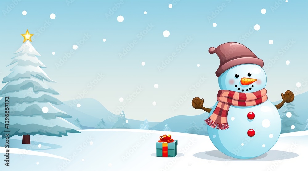 Fototapeta premium Snowman with christmas gift in winter landscape wallpaper. Cartoon illustration.