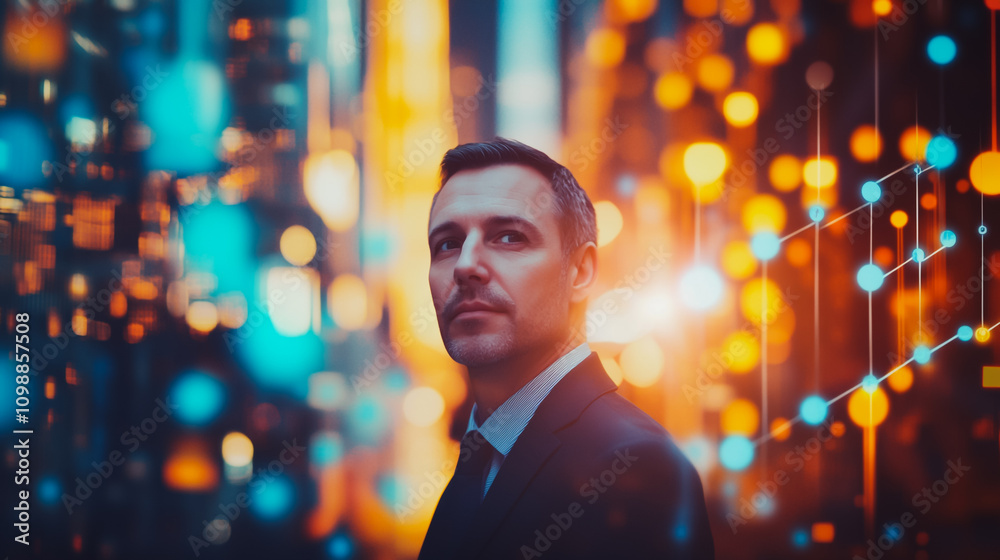 Obraz premium Smart digital Innovation city with connection network reciprocity over the sunset cityscape. of future wireless digital city and social media networking systems that connects people with in city