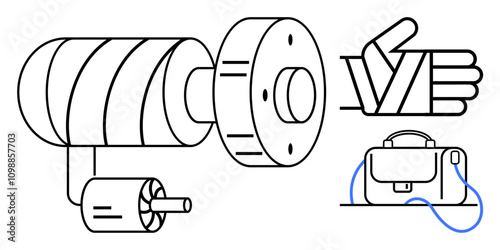 Industrial equipment with a wrapped cylinder, motor component, protective glove, and toolbox with wires. Ideal for manufacturing, safety, engineering, maintenance, toolbox talks, workwear