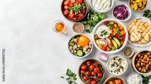 A colorful display of healthy meal options on a kitchen counter, Vibrant style, photo of