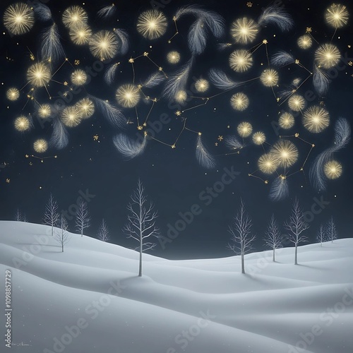 Minimalist snowy landscape with glowing gold stars forming constellations in the sky photo