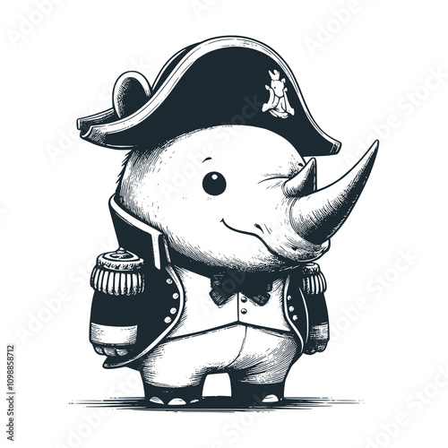 The hatted rhinoceros stands tall. Black white vector illustration.