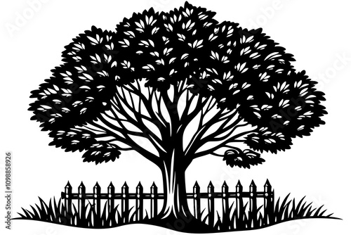  Tree on green lawn with wooden fence isolated white background vector illustration