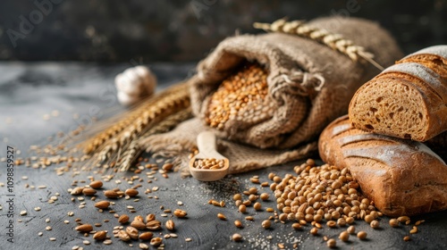 Rustic bread and grains with burlap sack on dark background photo