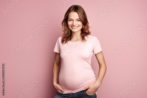 Radiant pregnant woman in pink shirt, posing with a happy smile	