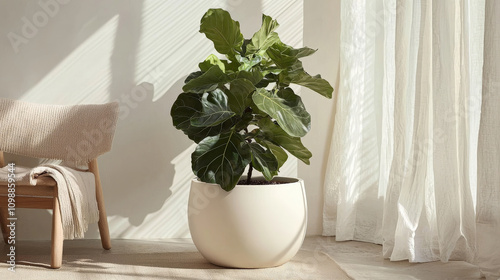 Elegant fiddle leaf fig plant with large glossy leaves in minimalist setting, enhancing serene atmosphere of room