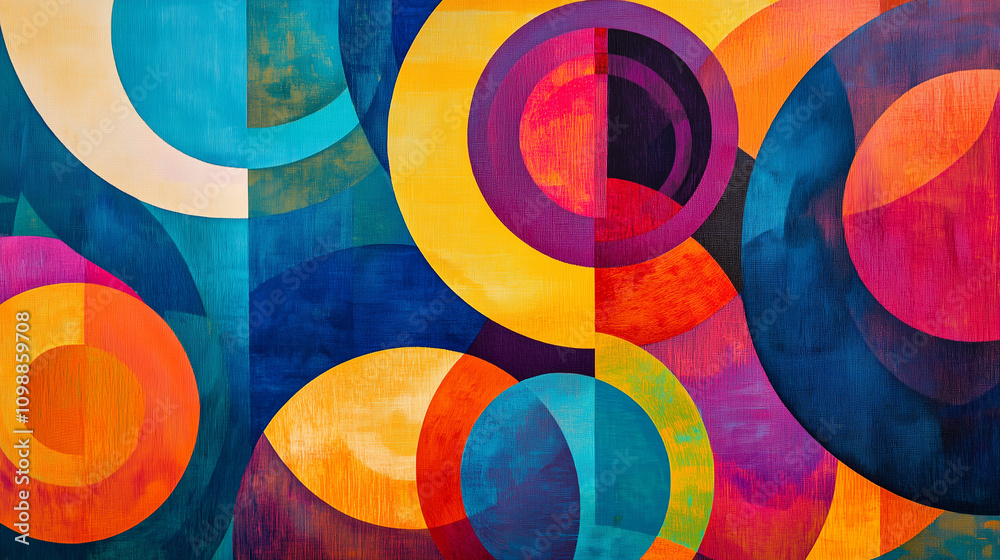 Obraz premium Dynamiczna mieszanka jaskrawych kół i płynnych, skręcających się linii, emanująca energią i harmonią w bogatej palecie kolorów.