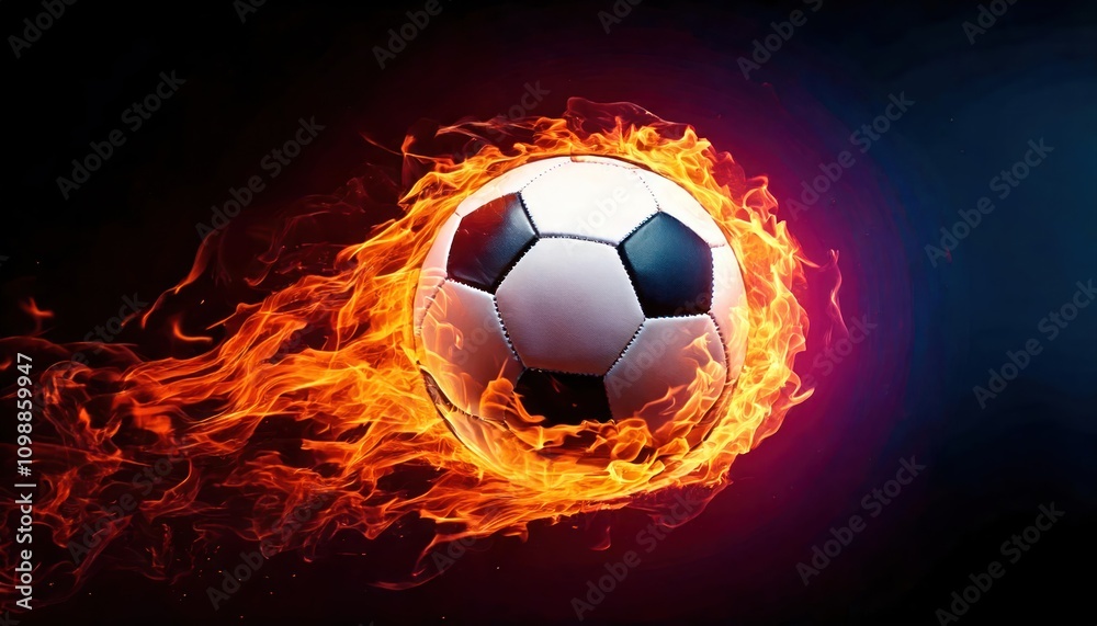 Naklejka premium Soccer ball engulfed in fiery flames against a dark background dynamic action shot