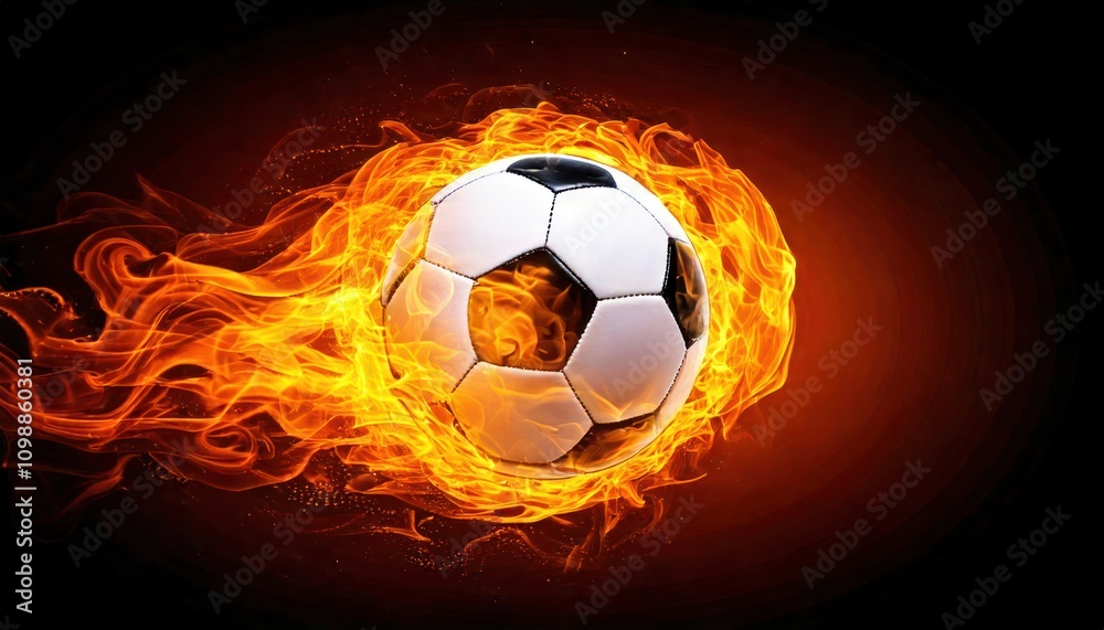 Fototapeta premium Soccer ball engulfed in fiery flames against a dark background dynamic action shot