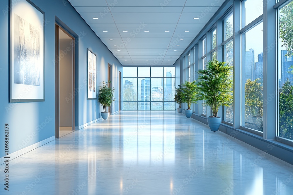 Fototapeta premium Modern Office Hallway with City Views