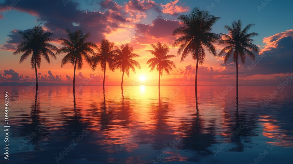 Obraz premium Sunset Paradise: Palm Trees Reflecting in the Ocean