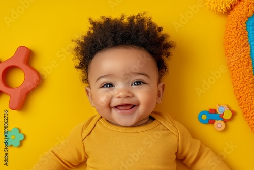A baby giggling while lying on a pastel-colored play mat surrounded by toys