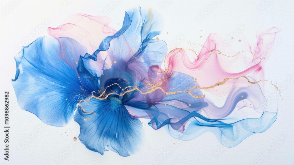 Obraz premium Abstract watercolor art featuring flowing blue and pink shapes with golden accents, creating a sense of elegance and creativity.