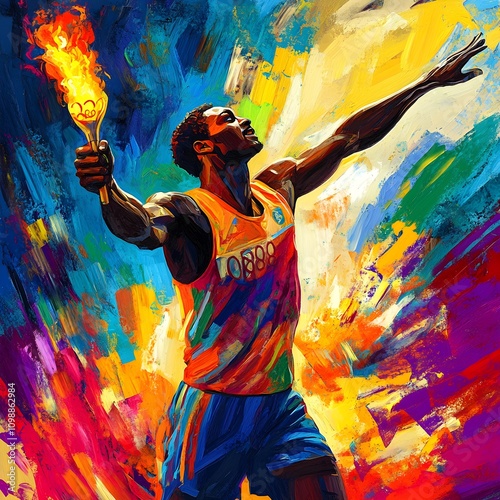 triumphant olympic champion holding glowing torch vibrant digital painting