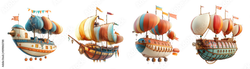 Naklejka premium Colorful Steampunk Airships on Transparent Background