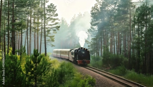 Vintage steam train moving through dense pine forest, misty morning light, wide shot photo