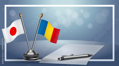 Japan and Romania Small national flag on bokeh background, cooperative relationship