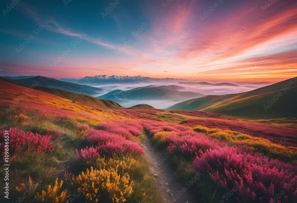 Obraz premium Beautiful and Peaceful Nature Scenery Illustration Landscape Countryside Tranquil Vibrant and Colorful