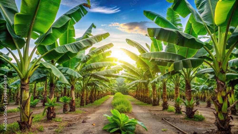 Obraz premium Vibrant green tropical banana fruits growing on a banana plantation , banana, tropical, fruit, plantation, green, agriculture