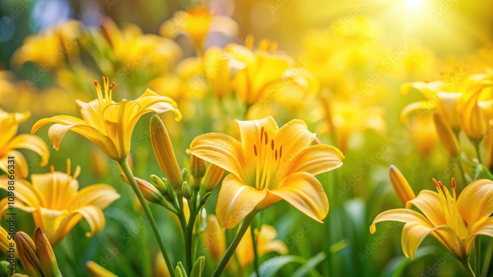 Fototapeta premium Yellow Hemerocallis blooming in a garden during spring , Yellow day lily, gardening, flowers, blooming, lily, plant, nature