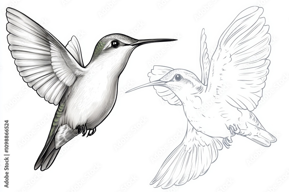 Obraz premium Hummingbird in flight, wings blurred with precision, sketch engraving generative AI fictional character Scratch board imitation Black and white image separate on white background