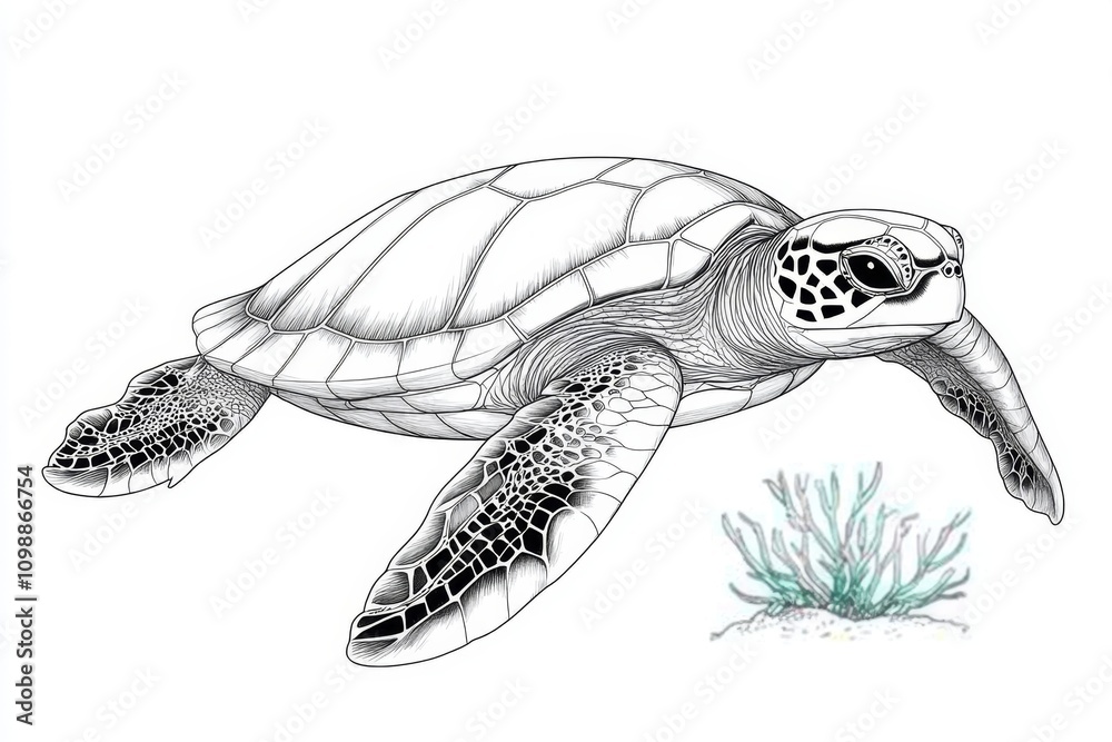 Obraz premium Turtle swimming gracefully among coral reefs and aquatic plants, showcasing marine elegance sketch engraving fictional character Scratch board imitation Black and white image separate on white