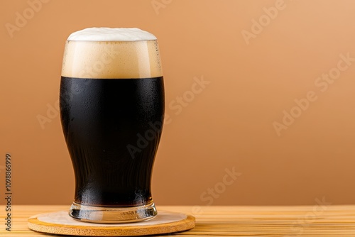 A cold pint of stout with its dark, rich body contrasted by a creamy white foam head on a coaster photo