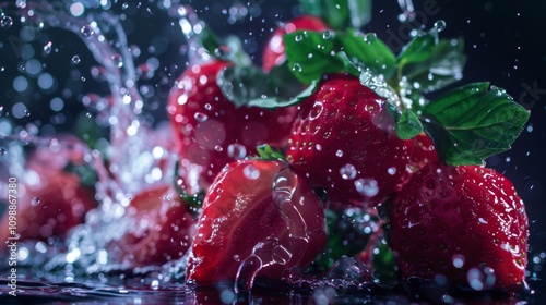 Fresh strawberries splashing in water with vibrant droplets photo