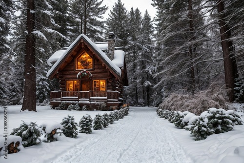 A picturesque winter landscape during Christmas, with snow-covered trees lining a winding path through a forest. The ground is blanketed with fresh snow, and delicate snowflakes gently fall from the g