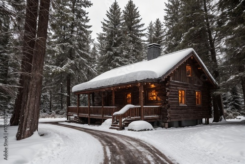 A picturesque winter landscape during Christmas, with snow-covered trees lining a winding path through a forest. The ground is blanketed with fresh snow, and delicate snowflakes gently fall from the g