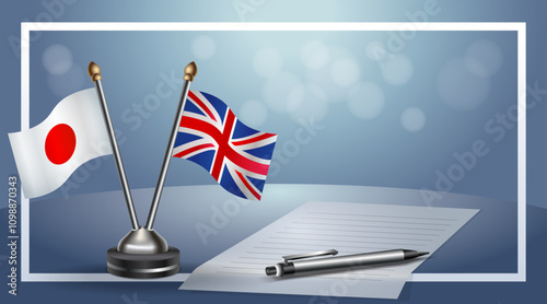 Japan and United Kingdom Small national flag on bokeh background, cooperative relationship