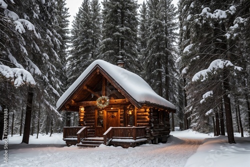 A picturesque winter landscape during Christmas, with snow-covered trees lining a winding path through a forest. The ground is blanketed with fresh snow, and delicate snowflakes gently fall from the g