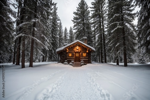 A picturesque winter landscape during Christmas, with snow-covered trees lining a winding path through a forest. The ground is blanketed with fresh snow, and delicate snowflakes gently fall from the g