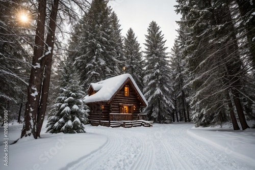 A picturesque winter landscape during Christmas, with snow-covered trees lining a winding path through a forest. The ground is blanketed with fresh snow, and delicate snowflakes gently fall from the g