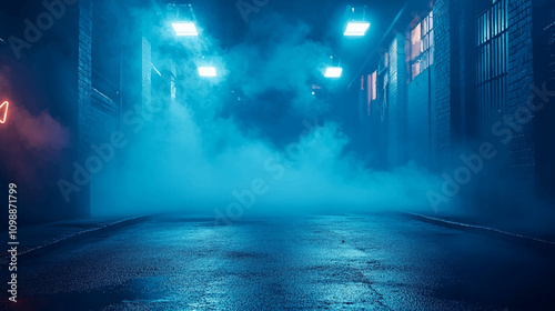 3D empty background scene. Dark street reflection on wet asphalt. Rays of neon colorful light in the dark, neon figures, smoke. Background of empty stage show. Abstract dark and neon light background.