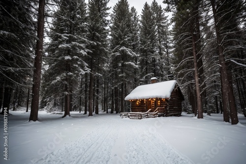 A picturesque winter landscape during Christmas, with snow-covered trees lining a winding path through a forest. The ground is blanketed with fresh snow, and delicate snowflakes gently fall from the g