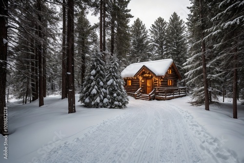 A picturesque winter landscape during Christmas, with snow-covered trees lining a winding path through a forest. The ground is blanketed with fresh snow, and delicate snowflakes gently fall from the g