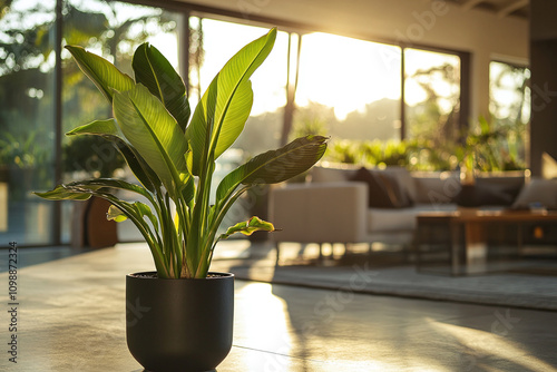 A contemporary living area featuring a mature strelitzia nicolai in a black ceramic planter, modernist furniture. photo