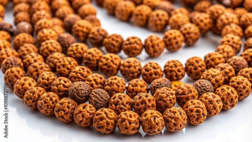 Close-up of Japa mala prayer beads made from rudraksha tree seeds, meditation, spirituality, Hinduism, sacred, traditional photo