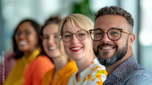 A diverse group of smiling professionals in colorful shirts, seated in a modern workspace, conveying teamwork and positivity.