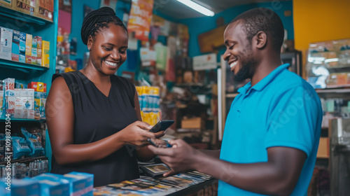 Friendly Teller and Smiling Customer in South African Shop