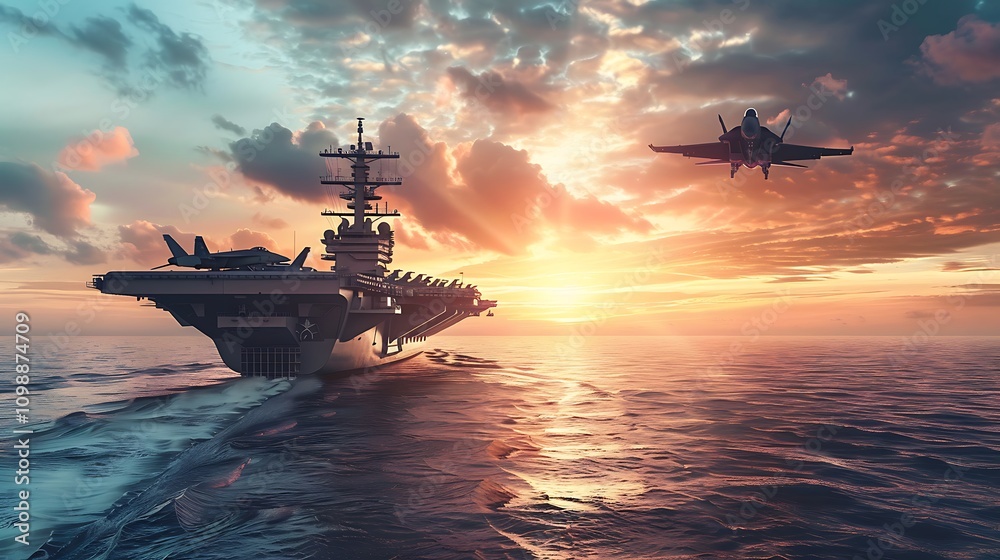 Fototapeta premium Military aircraft carrier with fighter jets in the sea at sunset