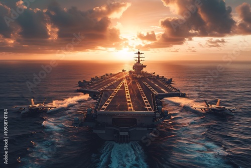 Military aircraft carrier with fighter jets in the sea at sunset