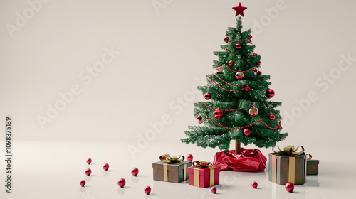 a classic christmas tree with golden and red  baubles and gifts on abstract white background