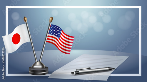 Japan and United States Small national flag on bokeh background, cooperative relationship