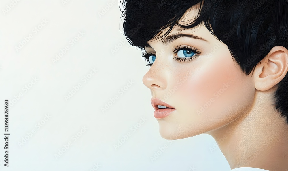 Obraz premium Portrait of a Woman with Short Black Hair and Blue Eye,generation AI