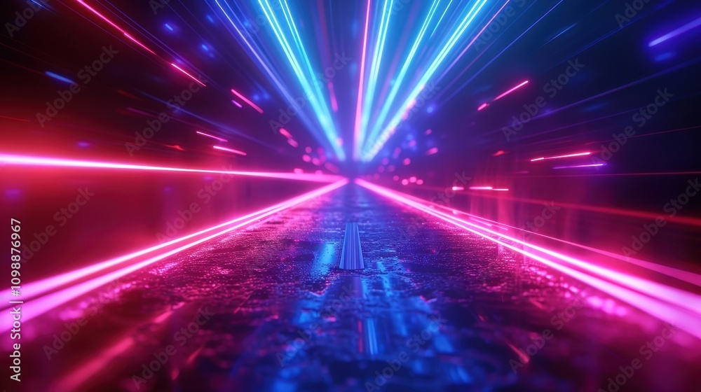 Fototapeta premium Neon Lights Illuminate Wet Reflective Surface Pathway