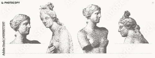 Set of stippling images of classic Greek Venus statues. Retro style illustration