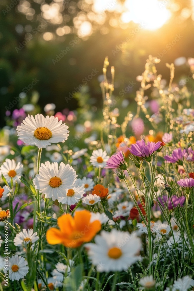 Fototapeta premium Wildflowers bathed in golden sunlight. AI.